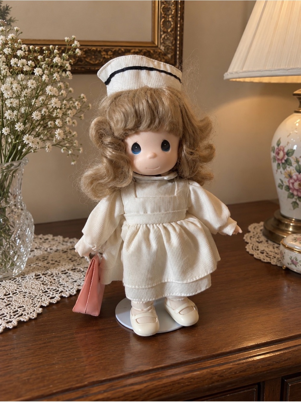 Vintage Precious Moments Cream Nurse Doll with Light Brown Hair